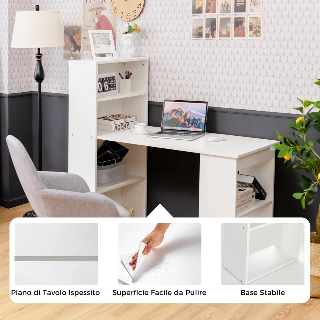 Scrivania per Computer con Libreria, Scrivania Salvaspazio Moderna con 6 Ripiani e Base Ampia, Scrivania Porta PC Moderna per Casa e Ufficio, 122 cm x 51 cm x 122 cm (Bianco)