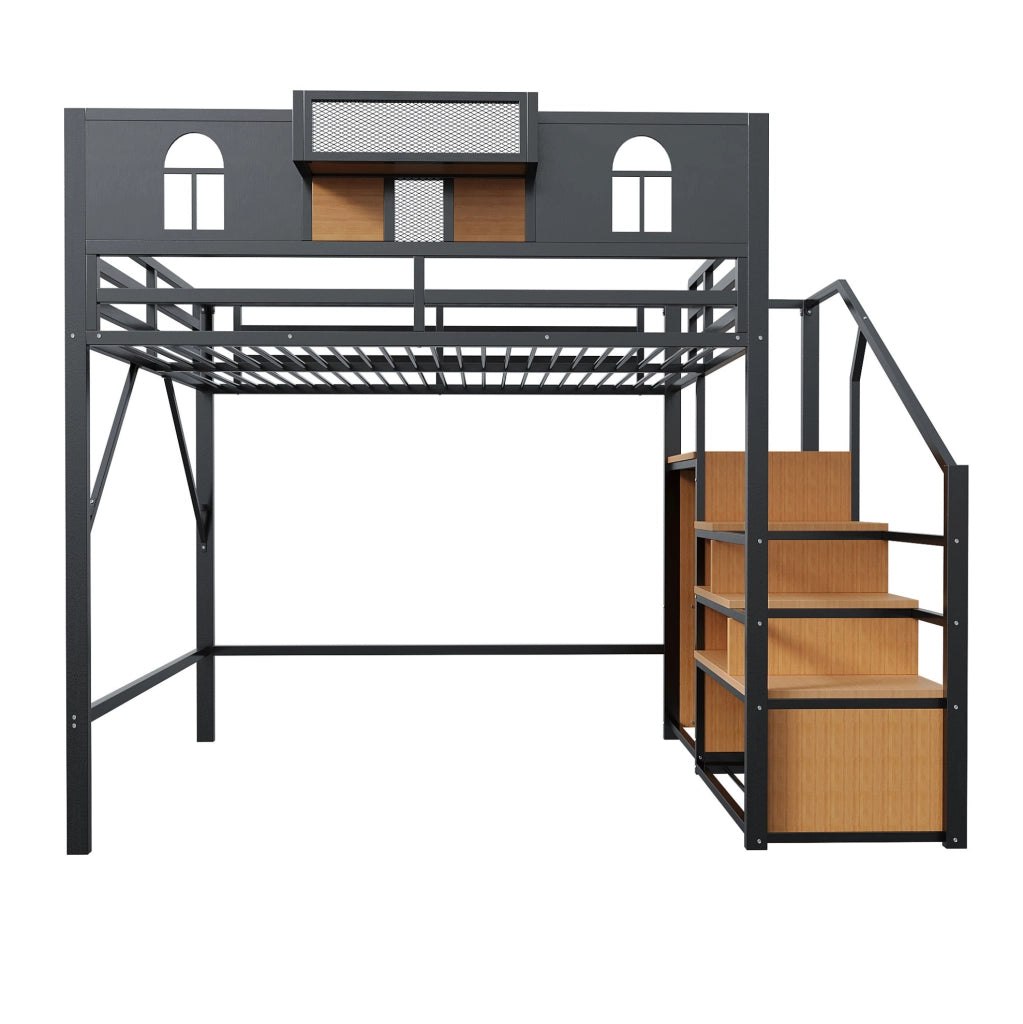Letto a soppalco in metallo 140x200 cm con scala contenitore; ripiano laterale e colore nero
