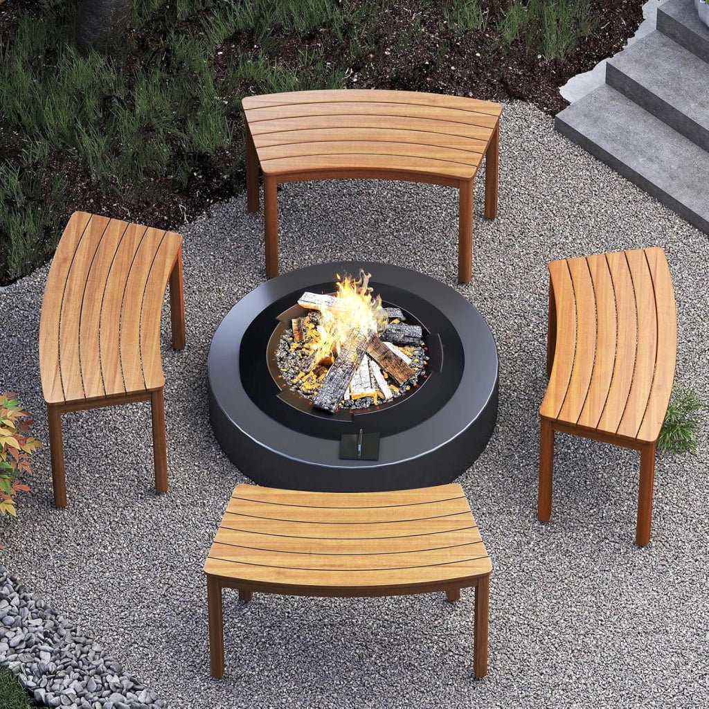 Set da 2 Panchine Curve in Legno di Acacia, Panchina Senza Schienale con Portata 360, Panca da Esterno per Veranda, Terrazza, Giardino e Fuoco da Campo (4)