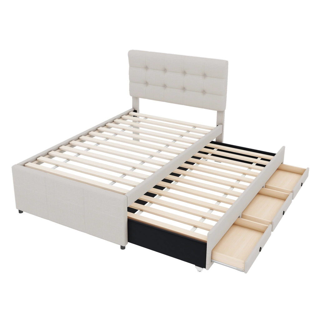 Letto singolo 90x200 cm; estraibile; 3 cassetti; testiera regolabile; lino; beige (Senza materasso)