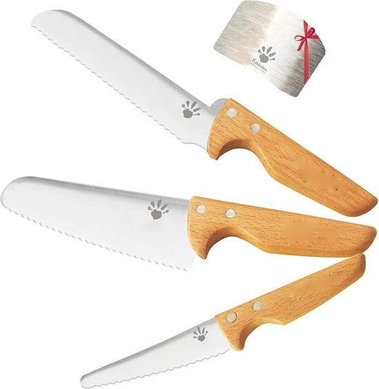 Set per bambini 4 pezzi – Manico in legno a scaglie – Lama in acciaio inossidabile sicura – Coltello per bambini per tagliare verdure e frutta – Coltellini per bambini da 3 anni in poi