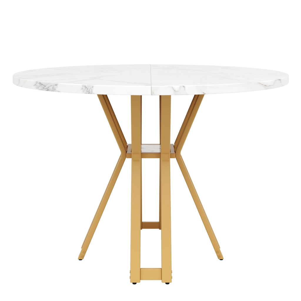 Tavolo da pranzo rotondo per 4-6 persone con piano in MDF effetto marmo e gambe in metallo, per soggiorno 100 × 100 × 76 cm