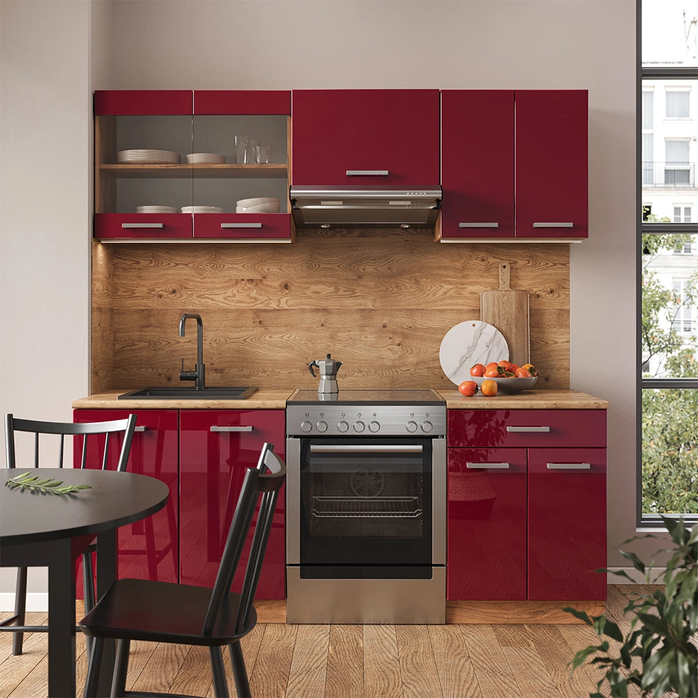 Vicco Cucina componibile Rosso lucido/rovere dorato 200 cm , PL Rovere