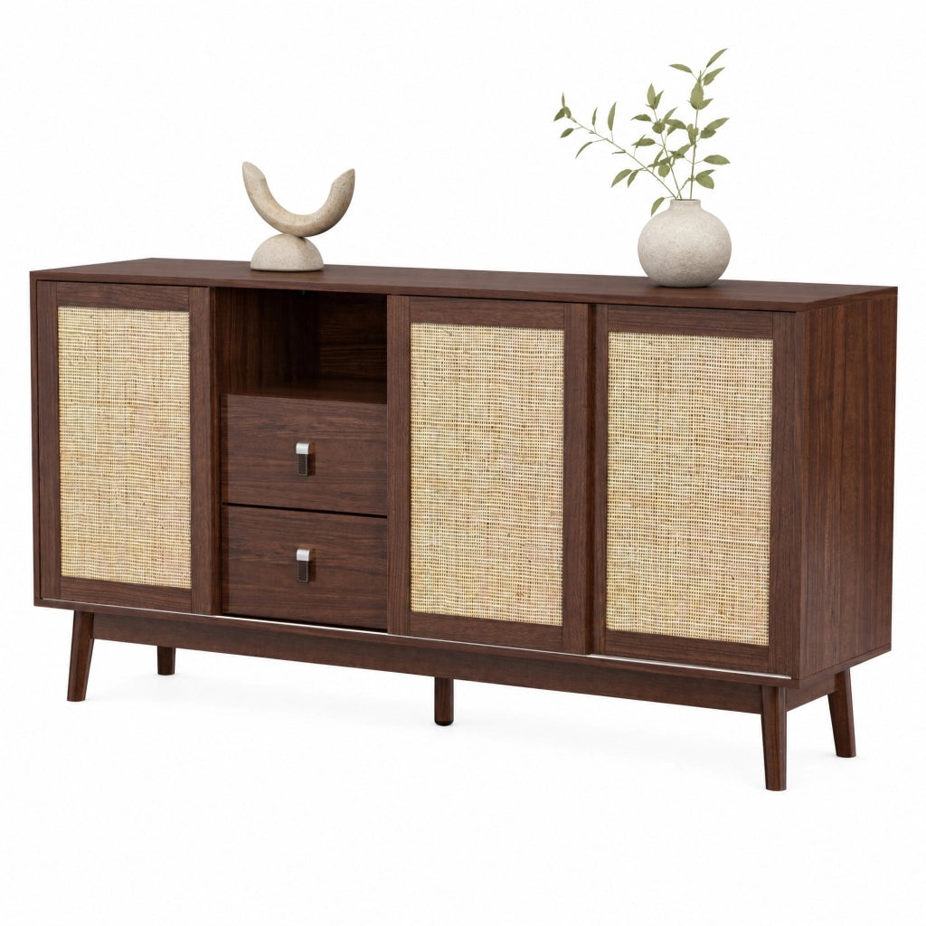Credenza in Rattan con 3 Ante Scorrevoli e 2 Cassetti
