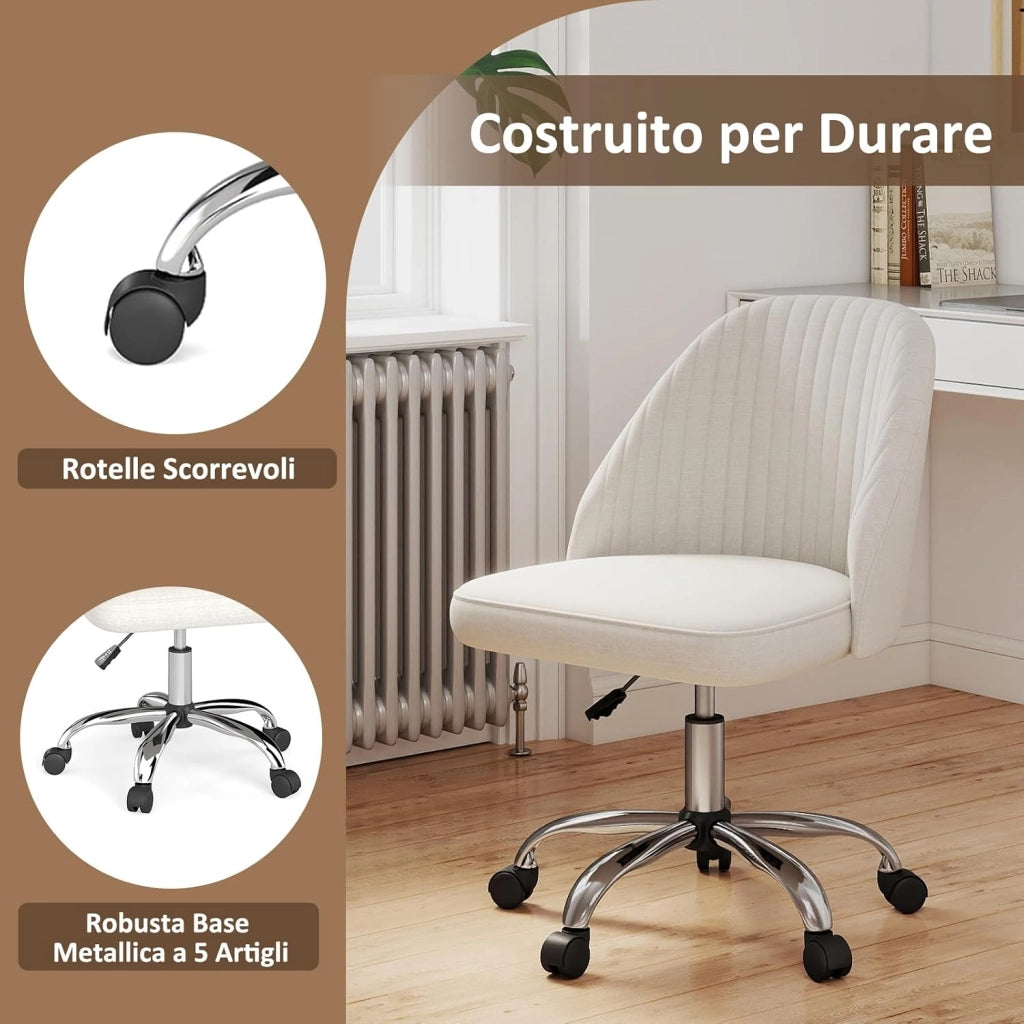 Sedia da Ufficio, Sedia da Scrivania Moderna senza Braccioli, con Schienale Curvo e Seduta Imbottita, Regolabile in Altezza con Rotelle Lisce per Camera da Letto (Beige)