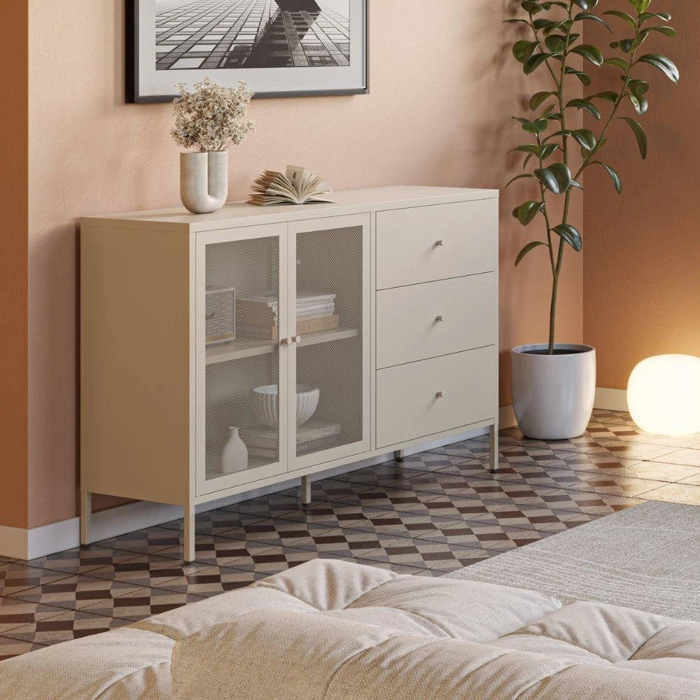 Credenza Fayna in metallo sabbia con 2 ante e 3 cassetti 140x40x90H Design industriale