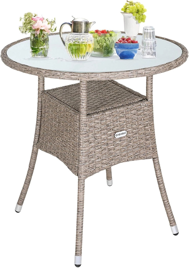 ® Tavolo Rotondo da Giardino Polyrattan Ø 60 Piano in Vetro 5mm Altezza Regolabile Tavolino Terrazza Balcone