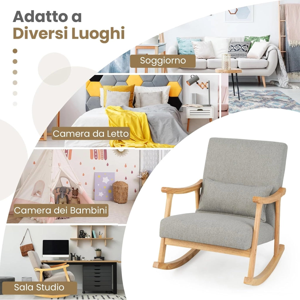 Sedia a Dondolo con Cuscino, Poltrona Dondolo Interno Ergonomica con Schienale Alto, Seduta Imbottito, in Legno di Gomma, per Soggiorno e Camera da Letto (Grigio)