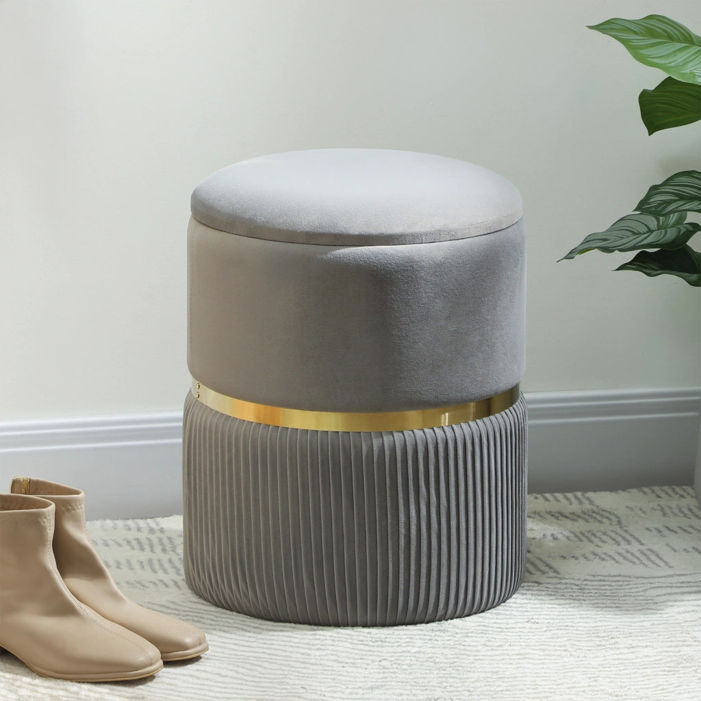 Pouf Contenitore Rotondo ¨C Xylo ¨C Velluto Grigio Chiaro con Coperchio Rimovibile