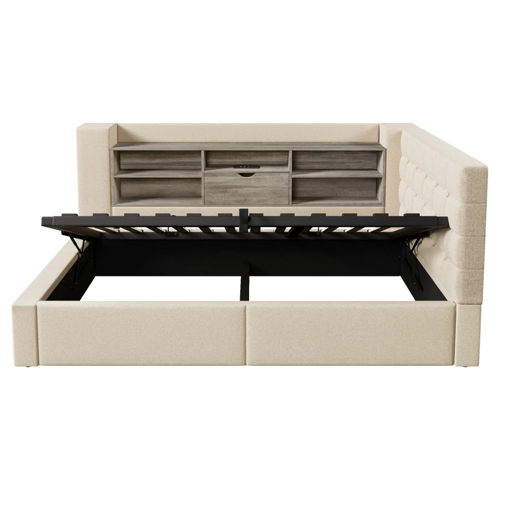 Letto 90x190 cm con LED; contenitore e porte di ricarica in lino beige