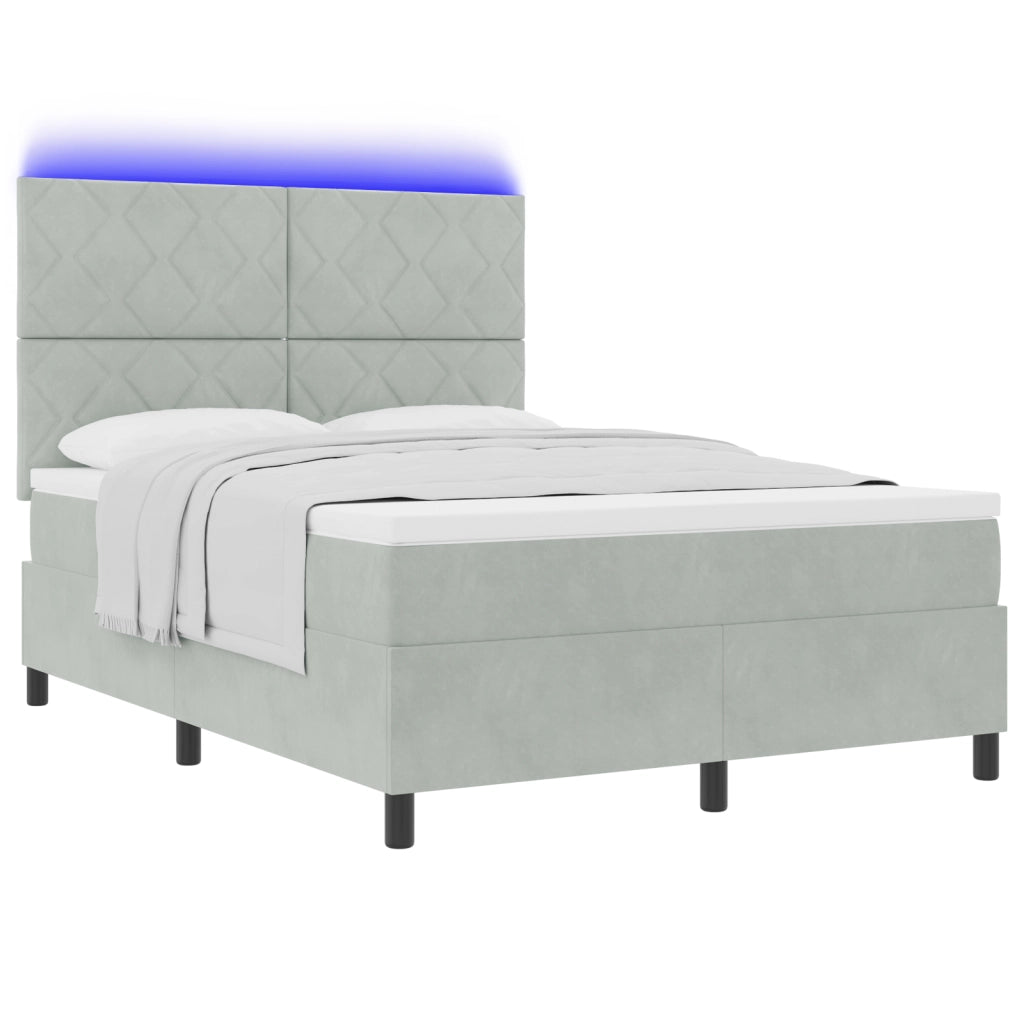 Letto a molle con materasso e luce LED Grigio chiaro 140x200 cm Velluto