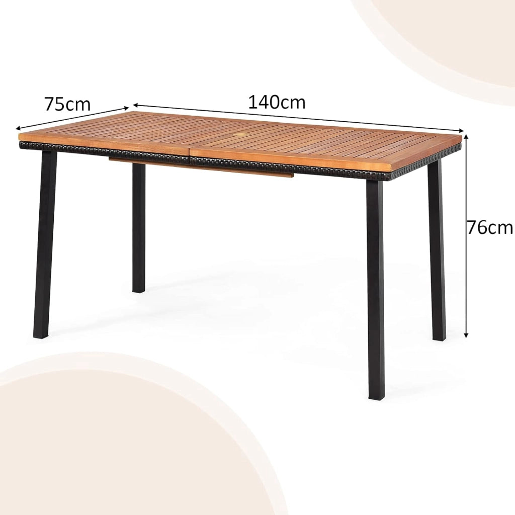 Tavolo da Giardino in Legno di Acacia, Tavolo Rettangolare con Struttura in Acciaio e Foro per Ombrellone, Ideale per Giardino Cortile Balcone, 140 x 75 x 76 cm