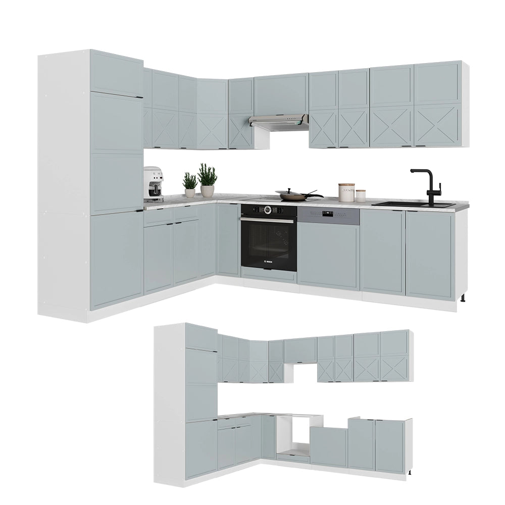 Cucina angolare completa Fame-Line Blu-grigio chiaro/Bianco 287 x 60 cm, PL Antracite Vicco