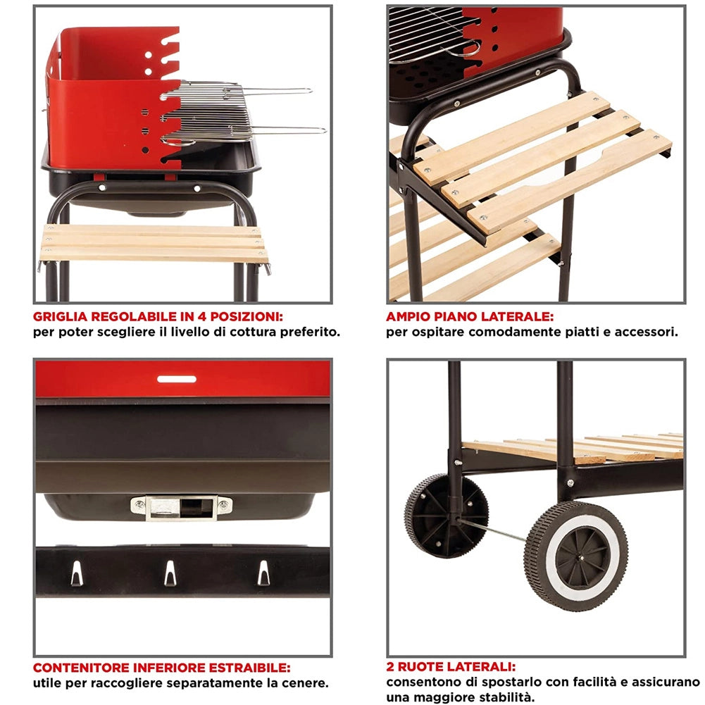 Barbecue Trolley a Carbonella con Ripiani Legno e Griglia Regolabile Portatile