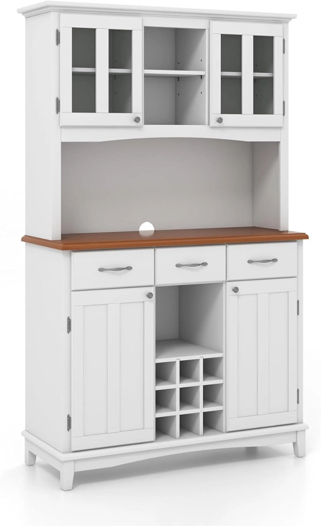 Credenza Alta da Cucina, Armadietto Dispensa con 3 Cassetti e 4 Armadi a Ante e Portabottiglie per 9 Bottiglie, Mobile Buffet per Soggiorno, Sala da Pranzo, 112 x 43 x 184,5 cm (Nero)