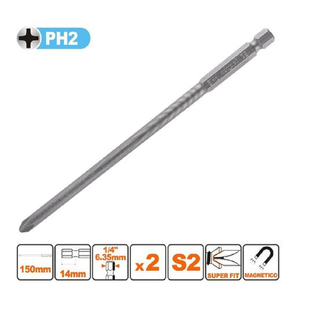 Trade Shop - Kit 2pezzi Di Bits Da 150mm Gambo 1/4" 6.35mm S2 Magnetica Croce Testa Ph2 57248 -