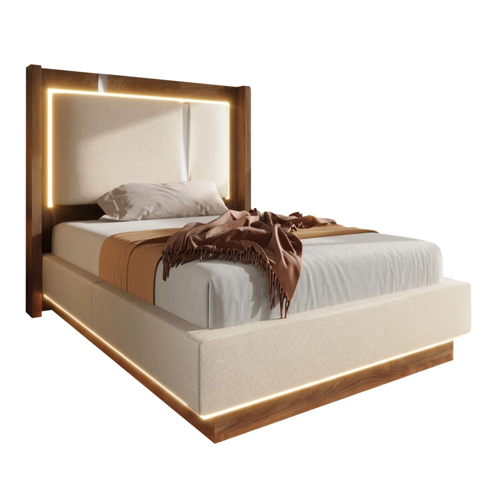 Letto imbottito 90x200 con LED, contenitore e rete a doghe