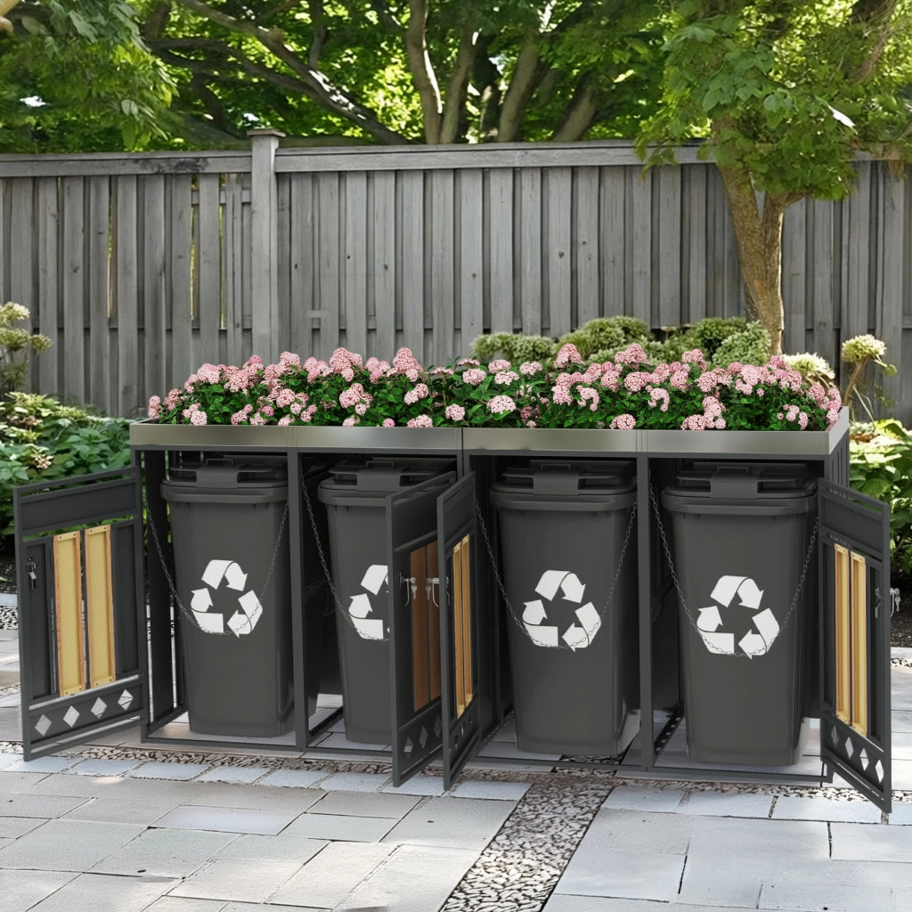 Cassetta rifiuti da giardino con fori di ventilazione diamantati compartimenti multipli chiusura a chiave quattro porte spazio per piante finitura venatura legno resistente e funzionale per esterni