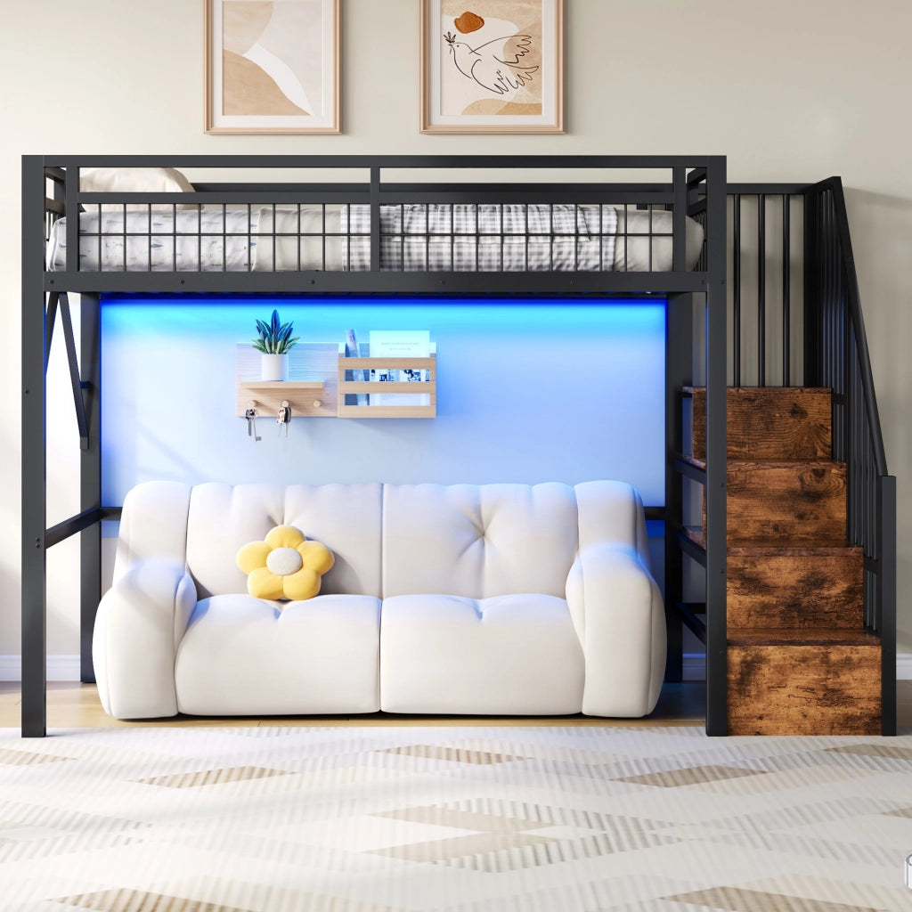 OKWISH Letto a Soppalco 90×200 cm, Letto Singolo con LED Regolabile, Scala con Contenitori e Spazio Libero, senza Materasso, in Metallo, Nero