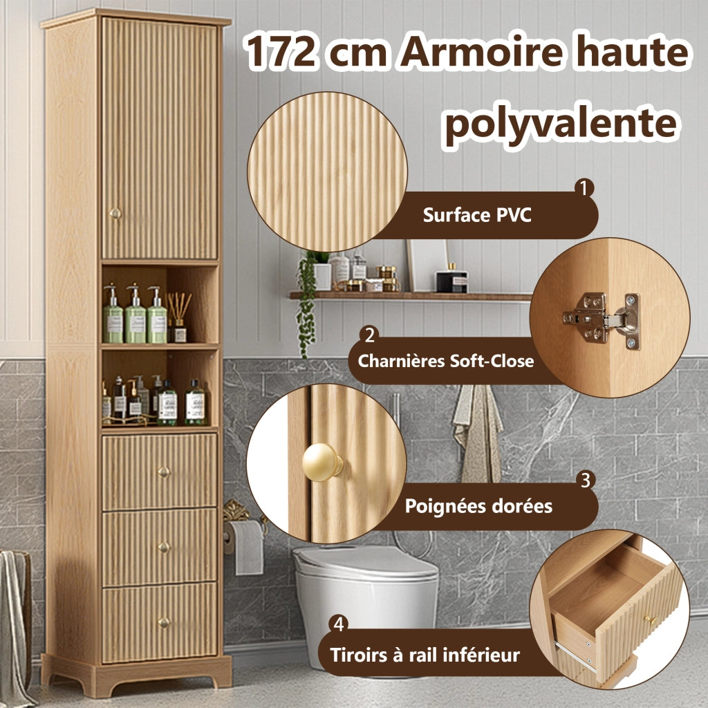 Armadietto da bagno con 3 cassetti, anta e 2 vani aperti, ripiano regolabile, in MDF naturale, 40 × 30 × 172 cm