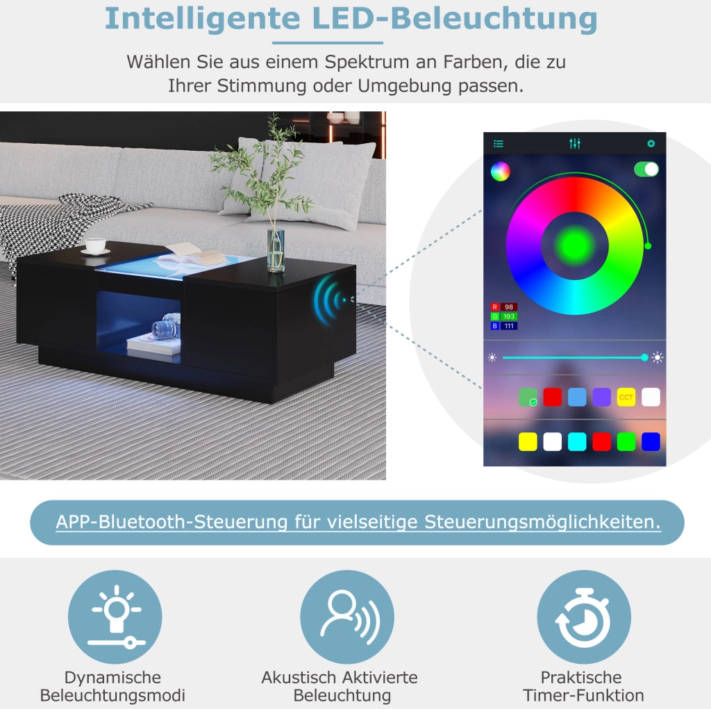 Tavolino da caffè nero LED con 2 cassetti, 100x50x35,5 cm