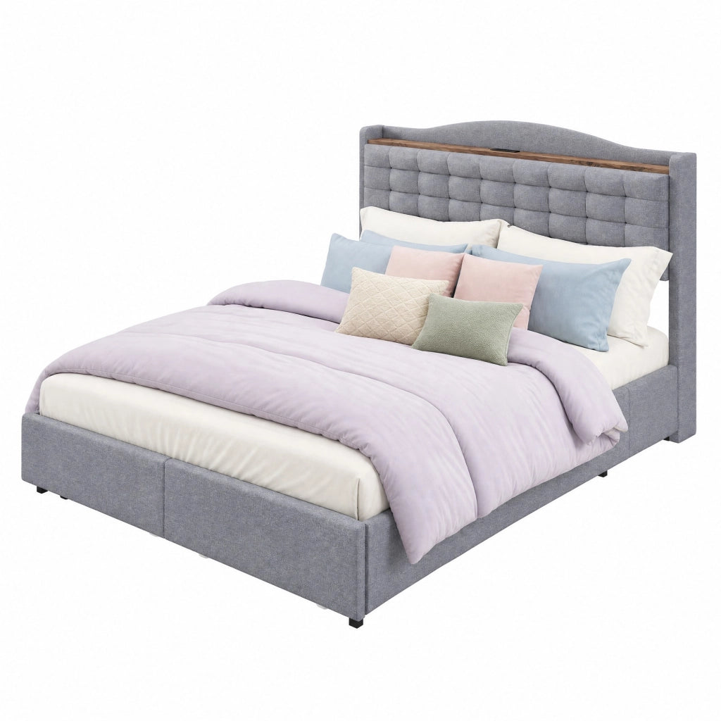 Letto matrimoniale imbottito 160x200 cm grigio con porta USB; 4 cassetti e mensola