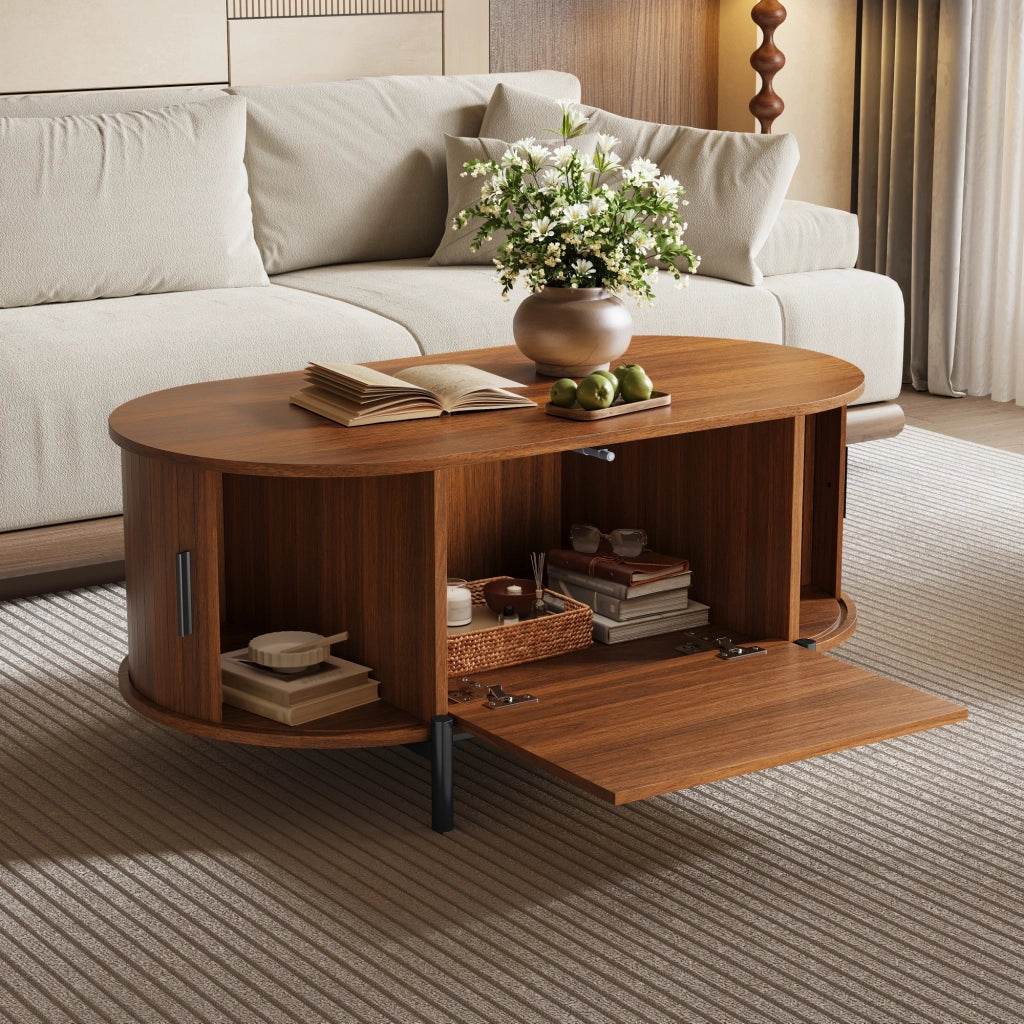 TAVOLO DA CAFFÈ OVALE 100x50x40 cm MDF Noce con ante scorrevoli