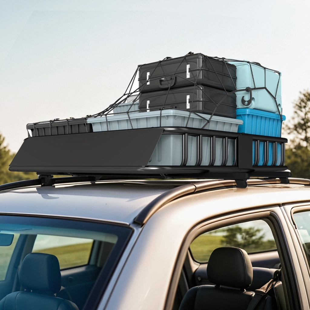 Portapacchi per Auto in Acciaio da 90.7 kg con Deflettori e Guide Laterali, 110.5x99.5x18.5 cm, Nero
