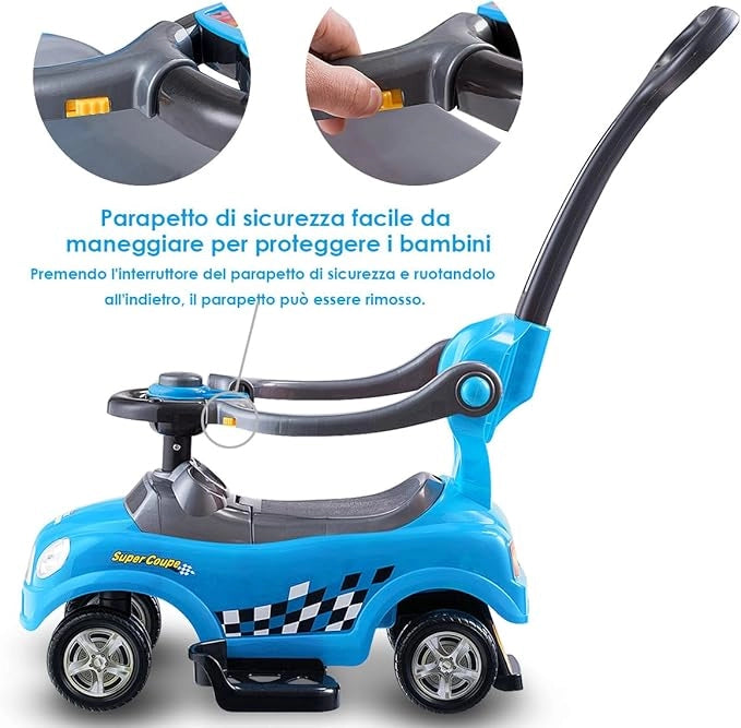 3 in 1 Macchina Cavalcabile a Spinta per Bambini, con Guardrail Staccabili e Maniglia Clacson, Spazio di Archiviazione Nascosto e Design Anti-ribaltamento, Ideale per Bambini 2-6 Anni (Blu)