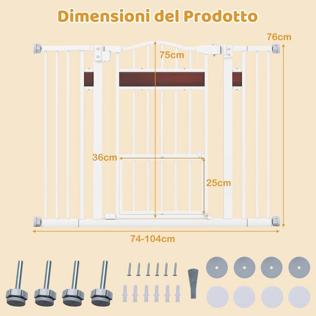Cancelletto per Cani per Aperture 74-104 cm, Cancello per Cani con Porta Piccola, 2 Estensioni e Doppio Blocco, Cancelletto in Metallo da Interno per Cucina, Scale e Soggiorno (Bianco)