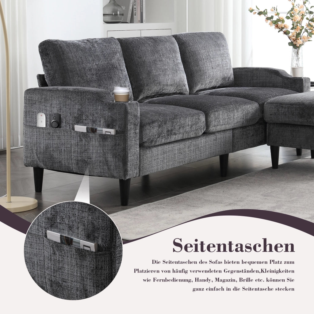 OKWISH Divano Modulare 4 Posti con Pouf Contenitore Portabicchieri e Tasche Laterali in Ciniglia Grigio