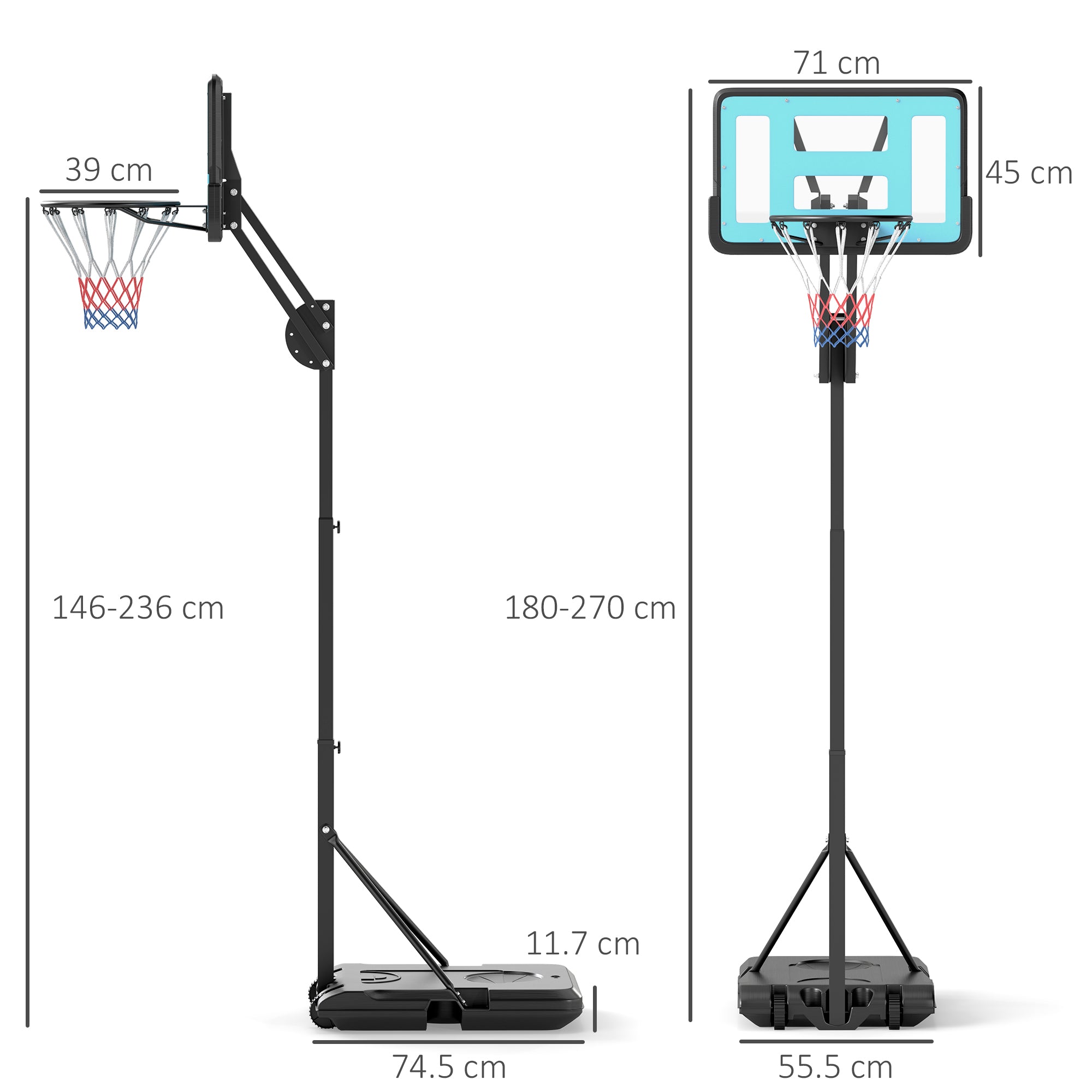Canestro Basket da Esterno Regolabile 146-236 cm con Ruote e Base Riempibile Nero