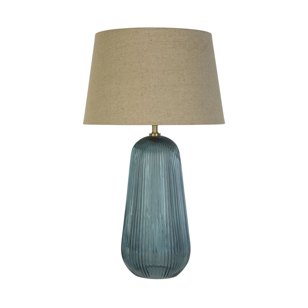 Lampada da tavolo Cameo 1Lt, vetro blu con paralume in lino naturale