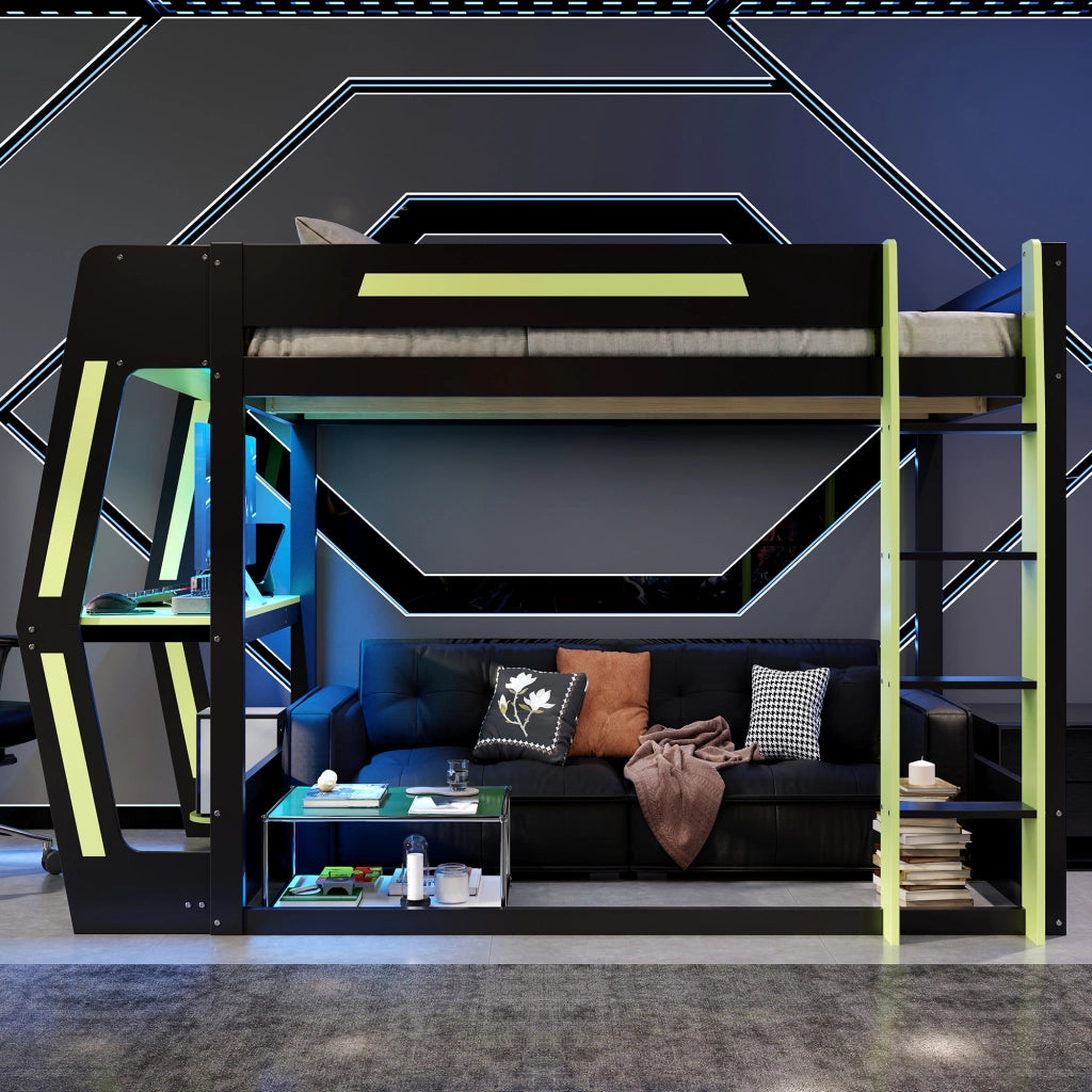 Letto a soppalco 120x200 cm in pino e MDF; nero e verde; con scrivania e LED per cameretta