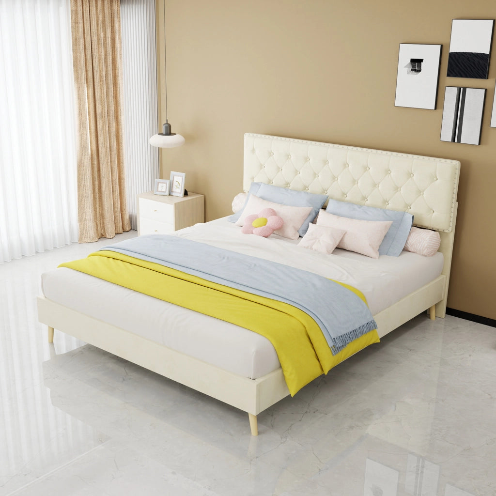 Letto imbottito moderno con testiera morbida, 160x200 cm, beige