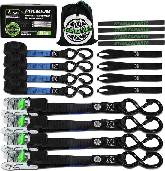 Cinturoni di sostegno con set di ganci - 4 pezzi - Resistenza alla rottura 900 kg - 25 mm x 4 m - Cinturoni di trazione con ganci per moto e traslochi