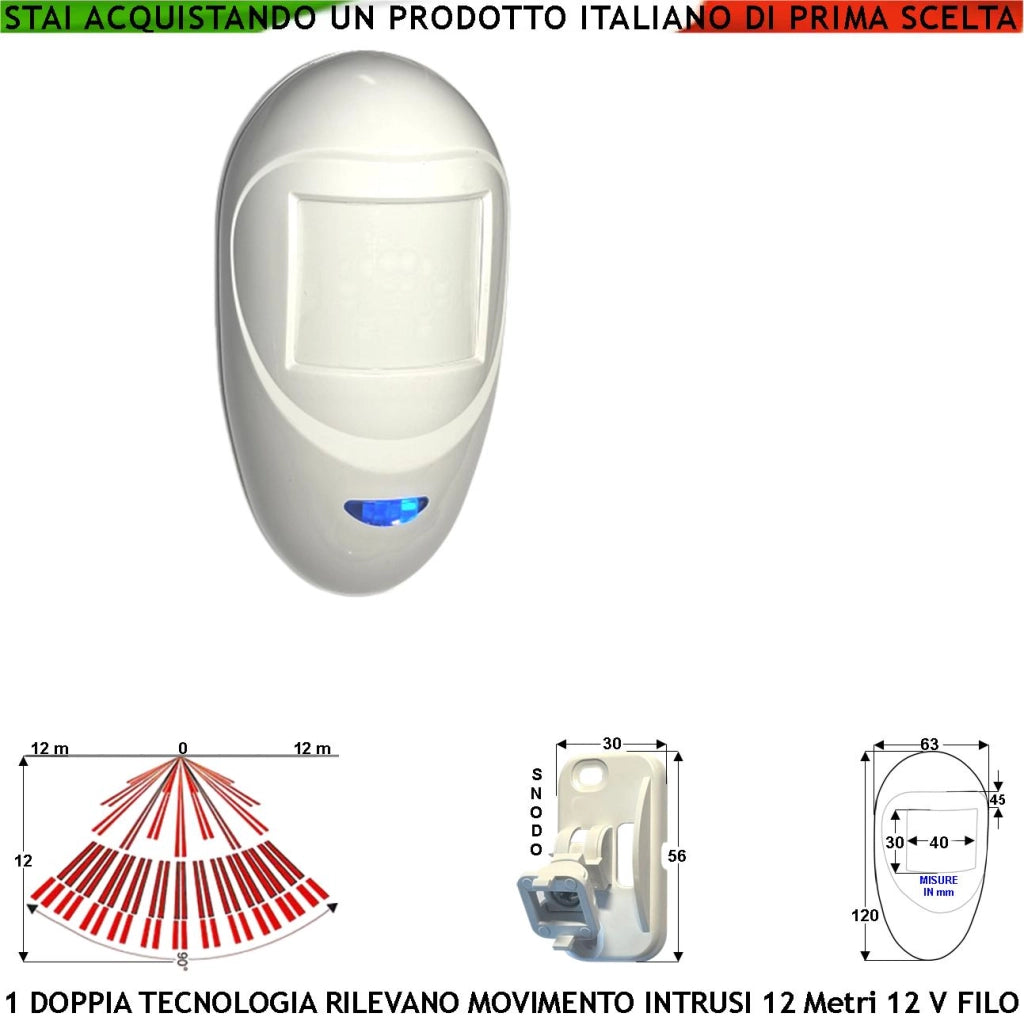 Sensore di Movimento Doppia Tecnologia Grandangolo Antifurto Portata 12 MT da Interno Rileva Intruso Aliment. 12 V Assorb. 40 mA Infrarosso Lente 18 Fasci su 4 Piani ERS Contenitore Bianco Snodo ABS