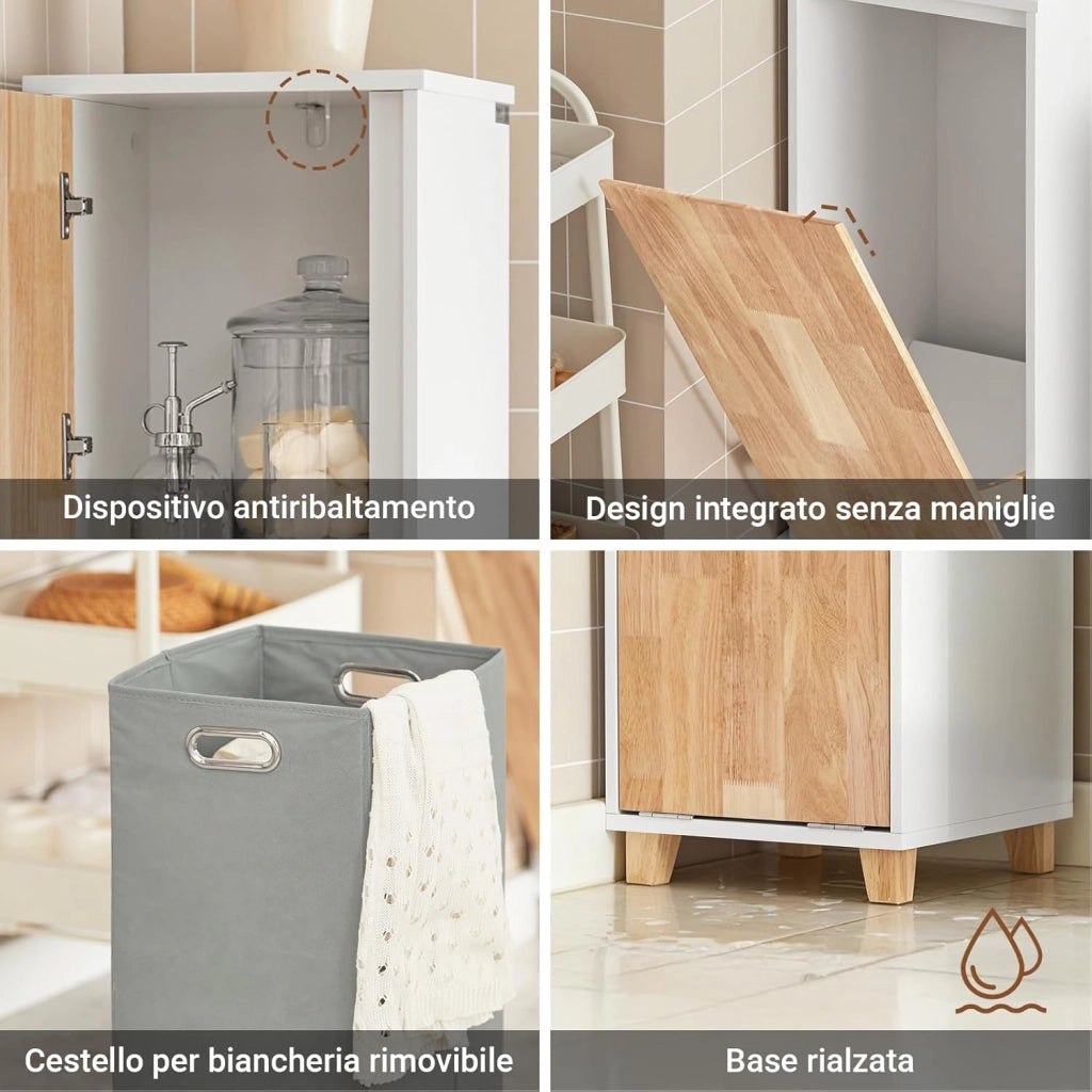 Mobile Bagno - Mobiletto Bagno Salvaspazio con Cesto Portabiancheria Pieghevole, Mobile Alto e Stretto in Legno Resistente all’Umidità, Bianco, 31x170x32 cm, BZR74-W
