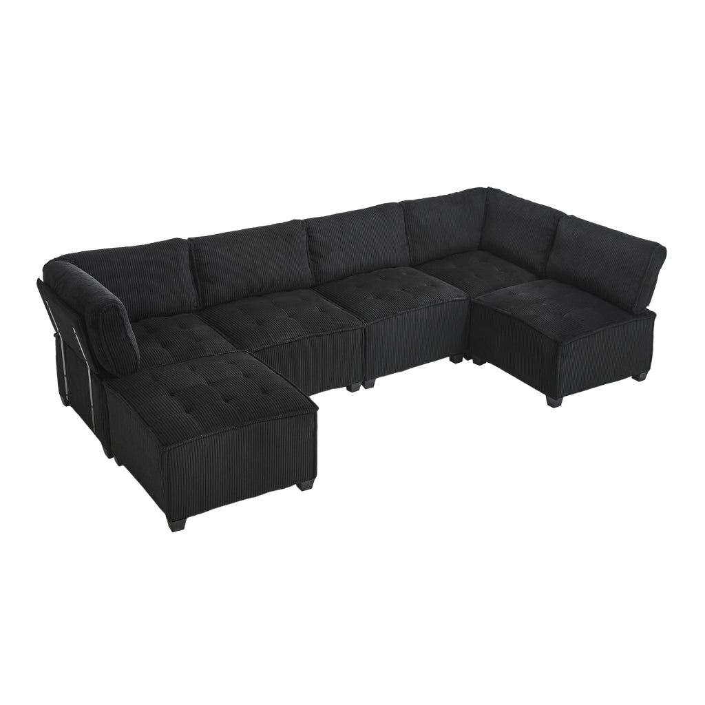 OKWISH Divano Modulare 6 Posti, Configurazione a U o L e Funzione Letto, Tasche Laterali, Velluto a Coste, Nero
