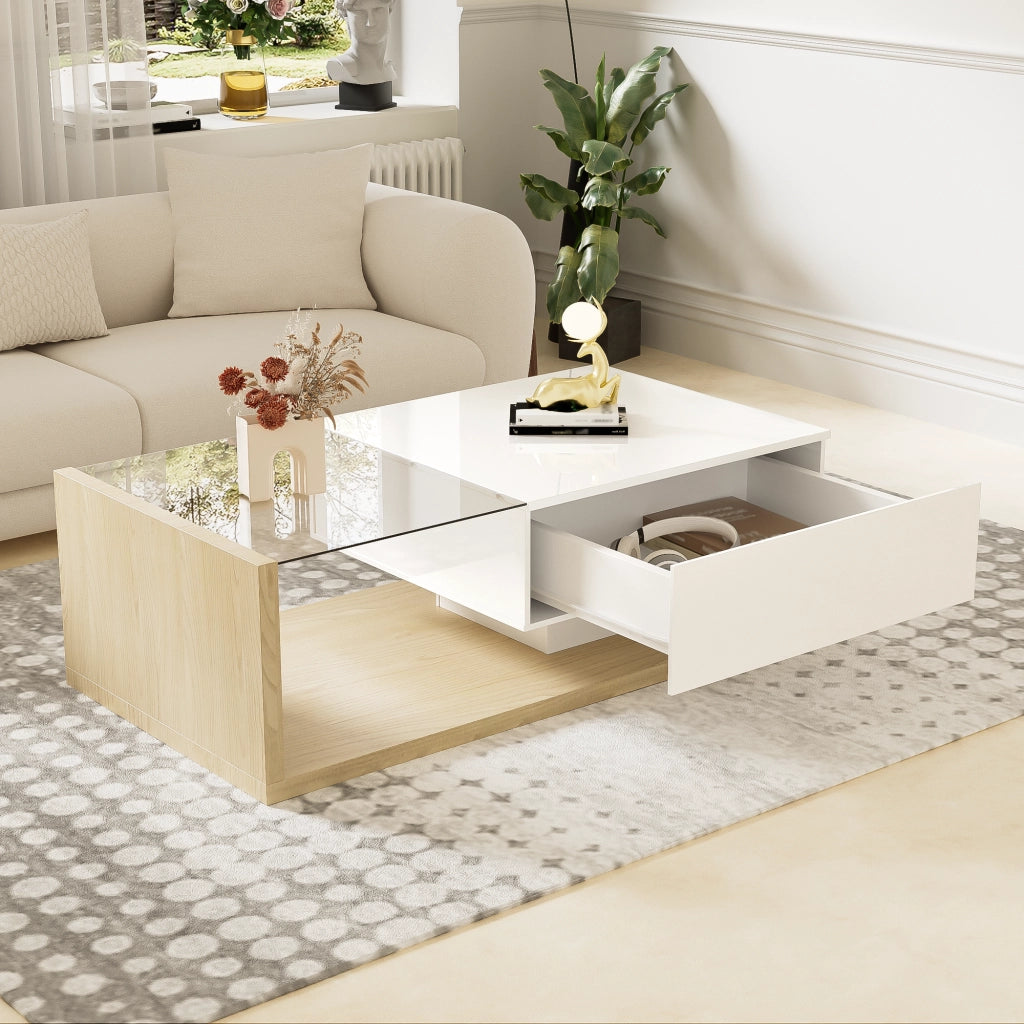 Tavolino da caffè 105x55x32.5 cm; con vano e LED 16 colori; truciolare; bianco lucido e colore naturale