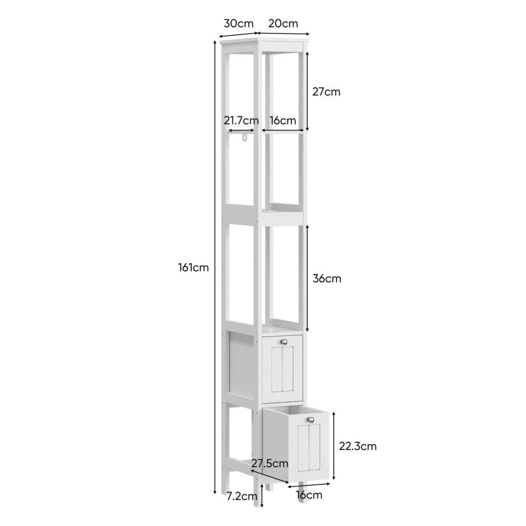 Mobiletto alto bianco con 2 cassetti e 3 ripiani