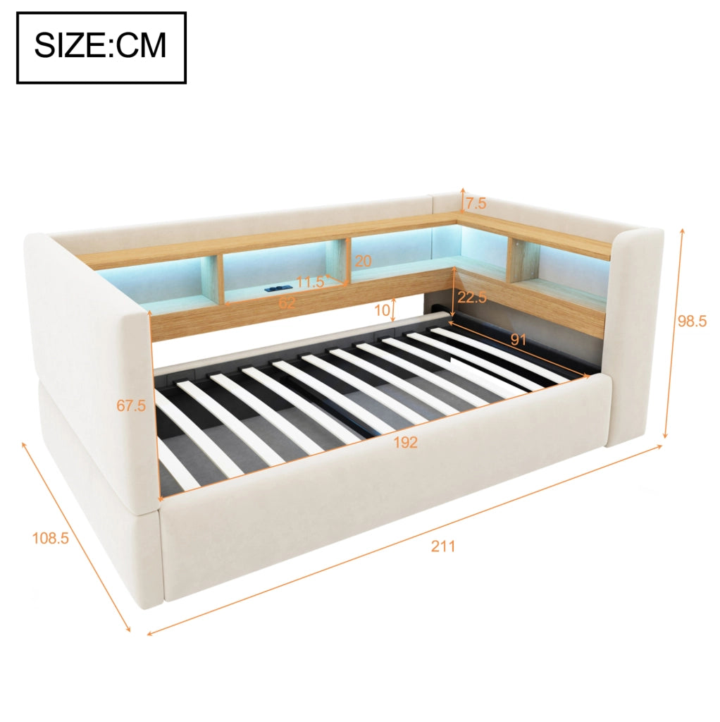 Divano letto imbottito 90x190 cm con contenitore idraulico; LED e prese; beige