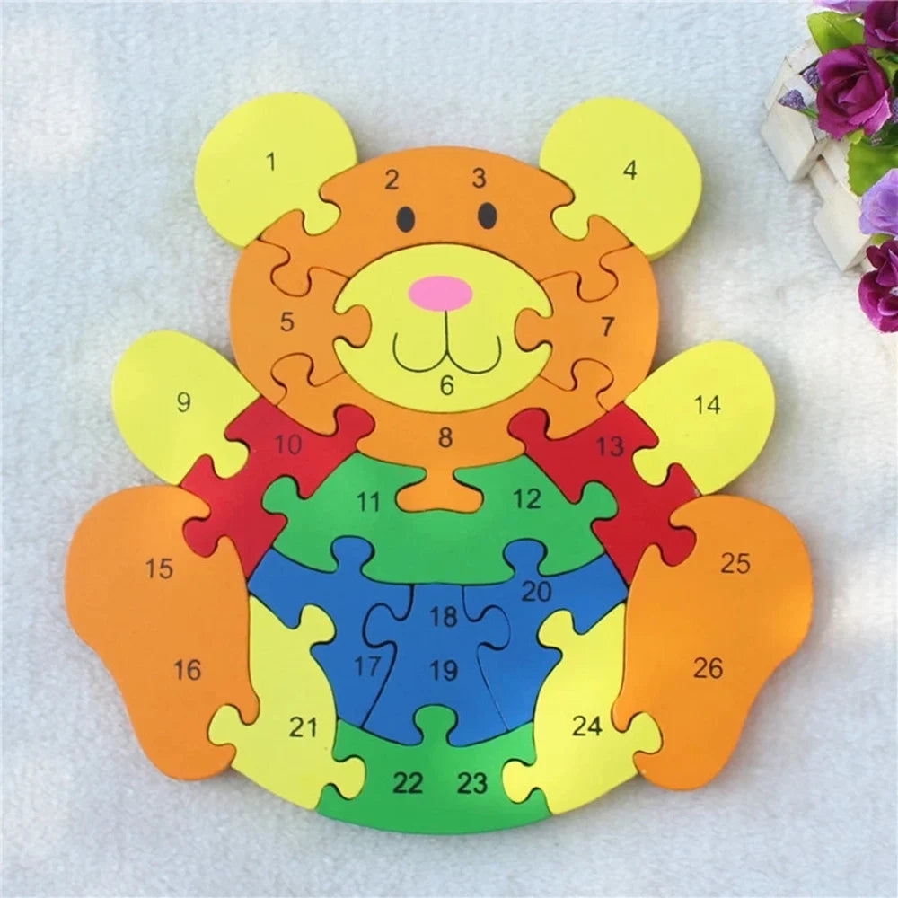 Trade Shop - Puzzle 3d In Legno Forma Di Orsetto Gioco Educativo Numeri Lettere Bambini Imparare 52263 -