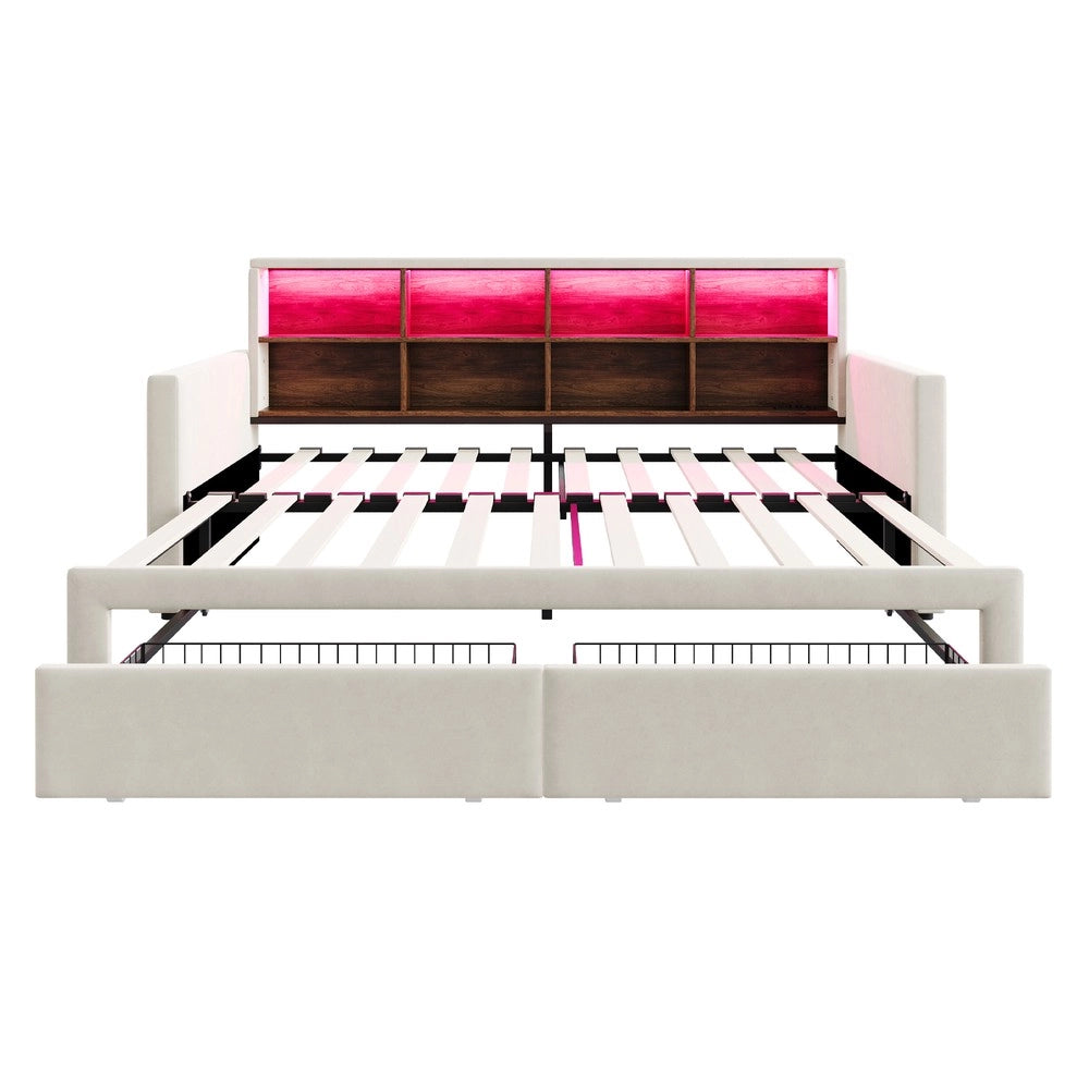 Letto Imbottito Contenitore con LED ¨C MINIMAL ¨C Velluto Beige, 2 Cassetti, 90x190/180x190