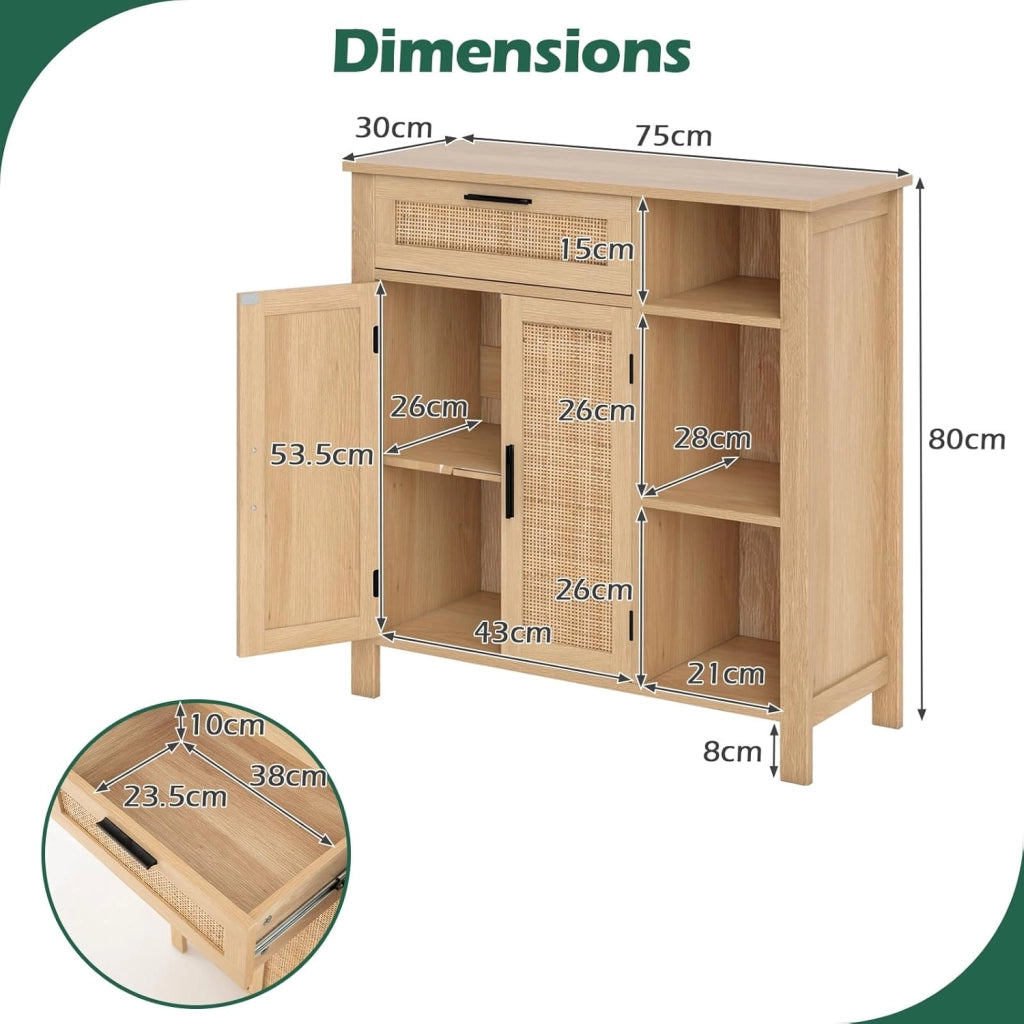 Credenza Cucina con 2 Ante in Rattan, Mobile Buffet con Cassetto, Scomparti Aperti, Mensola Regolabile, Mobile Cucina Dispensa in Legno, per Soggiorno, Sala da Pranzo, 75x30x80cm, Naturale