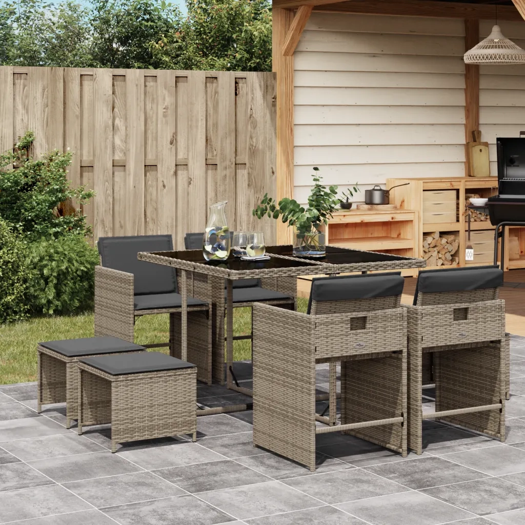 Set da Pranzo da Giardino 9 pz | Set Salotto da Giardino con Cuscini in Polyrattan Grigio