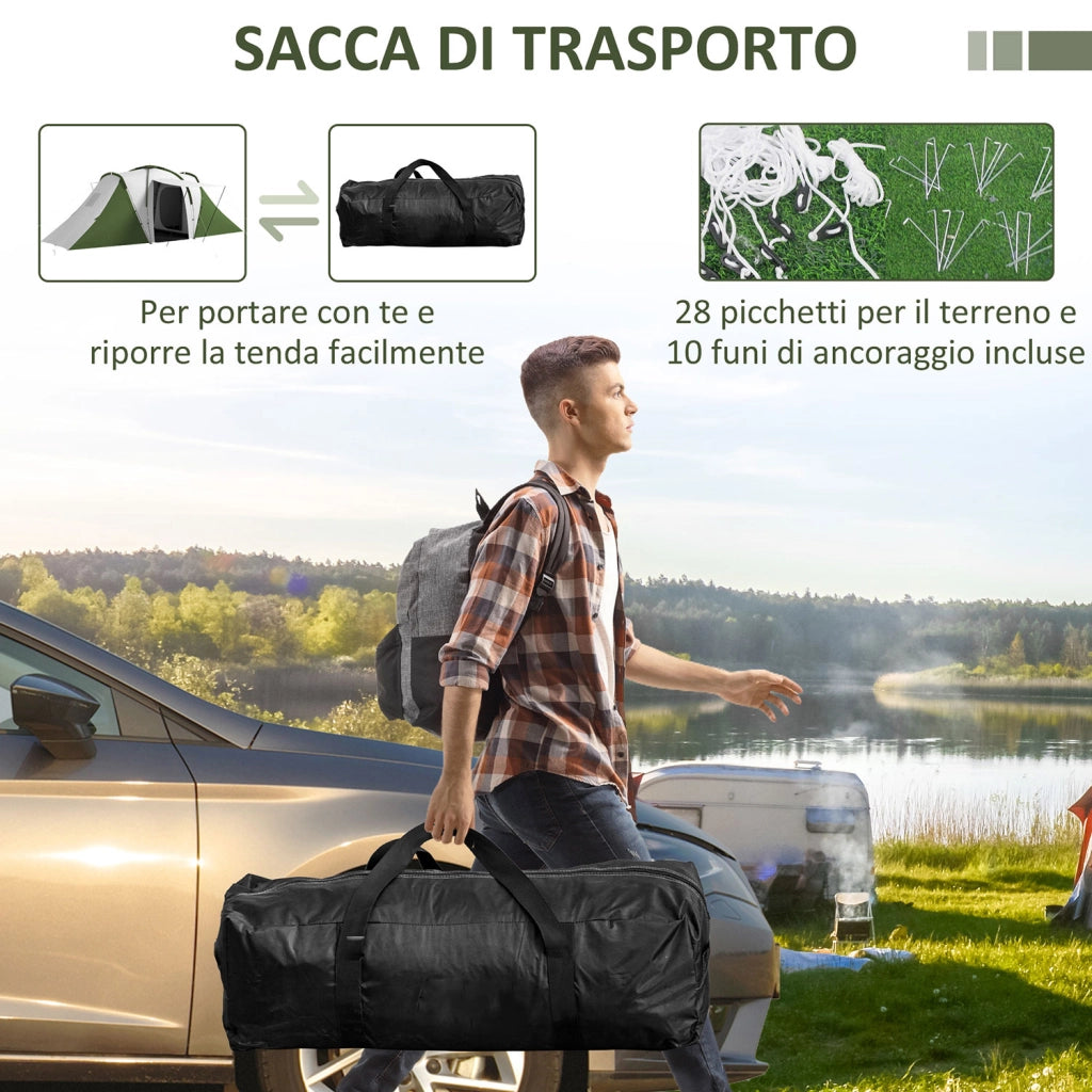 Tenda da Campeggio 555x225x190 cm per 4-6 Persone con 2 Camere Grigio e Verde