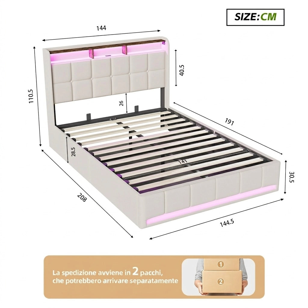 Letto una piazza e mezza 140x190 cm con contenitore LED USB testiera con mensola rete a doghe in lino - beige