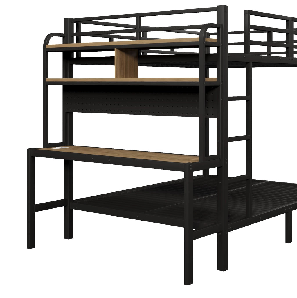 Letto a castello 140x200 cm in metallo e MDF; con scrivania; ripiani; LED e USB; nero
