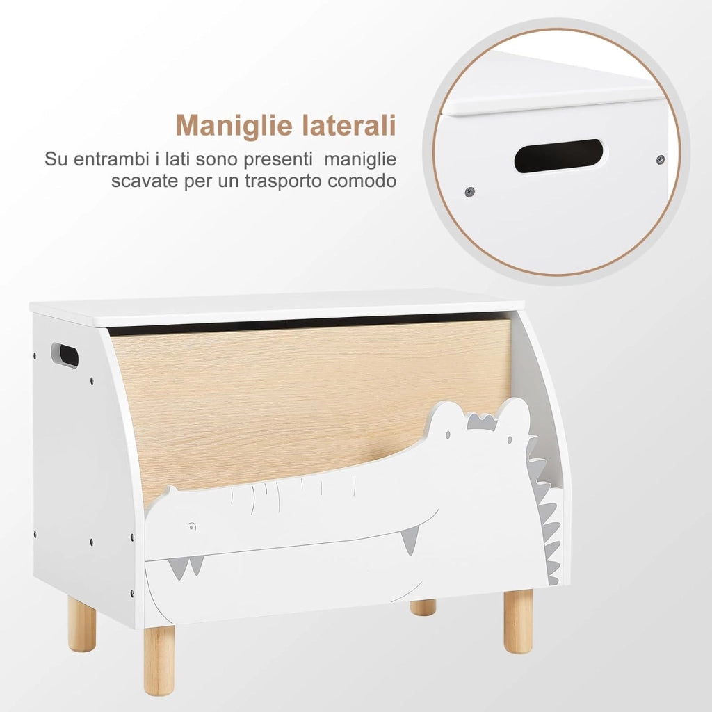 Panca Contenitore per Bambini, Contenitore Porta Giocattoli in Legno a Coccodrillo, Cassapanca con Scomparto Chiuso e Aperto, Bianco, 49,5x30x44,5cm